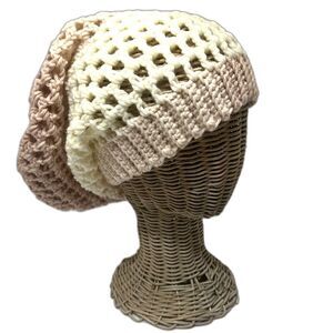 Handmade Crochet Beanie Unisex Slouchy Ombre Cream Rose Boho Cozy Knit Hat Gift